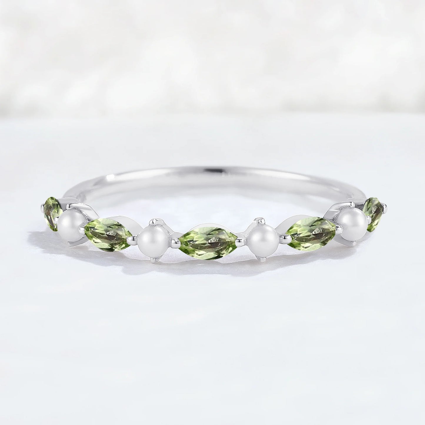 Simple Marquise Cut August Birthstone Peridot with Pearl Stacking Ring