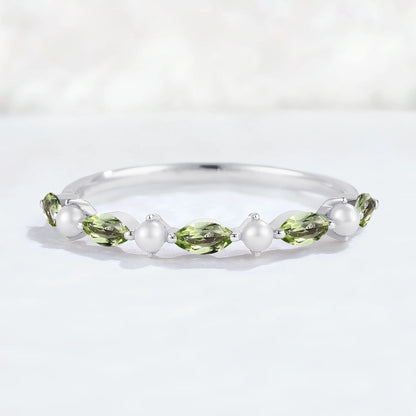 Simple Marquise Cut August Birthstone Peridot with Pearl Stacking Ring