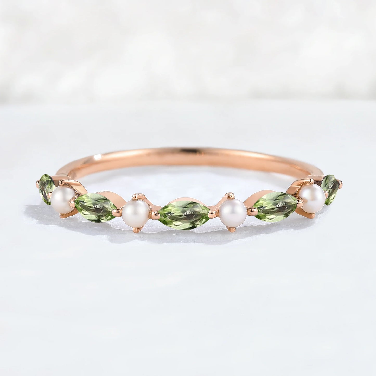 Simple Marquise Cut August Birthstone Peridot with Pearl Stacking Ring