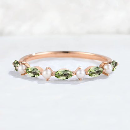 Simple Marquise Cut August Birthstone Peridot with Pearl Stacking Ring