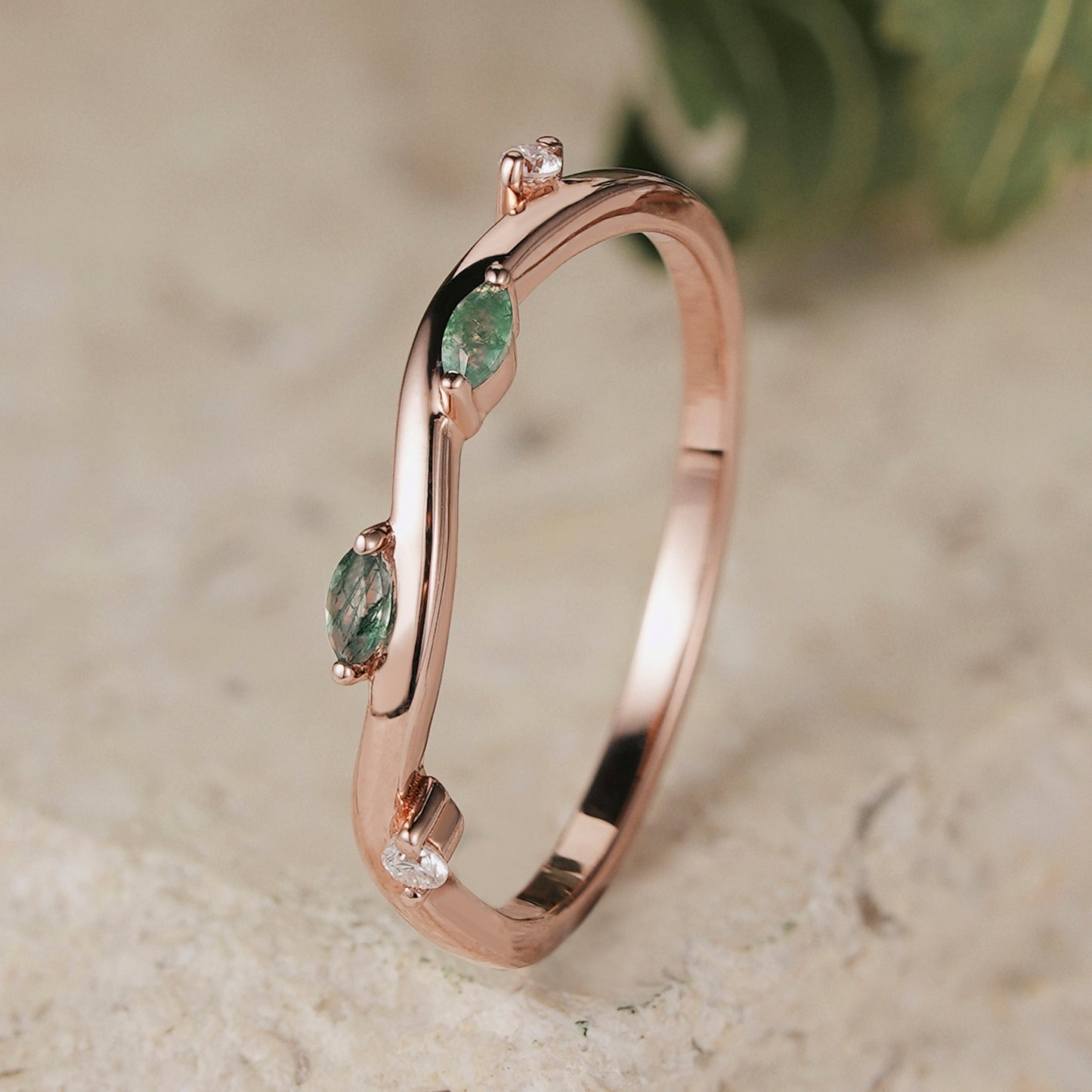 Unique Pear Cut Moss Agate Moissanite Vine Gemstone Ring Set 2pcs