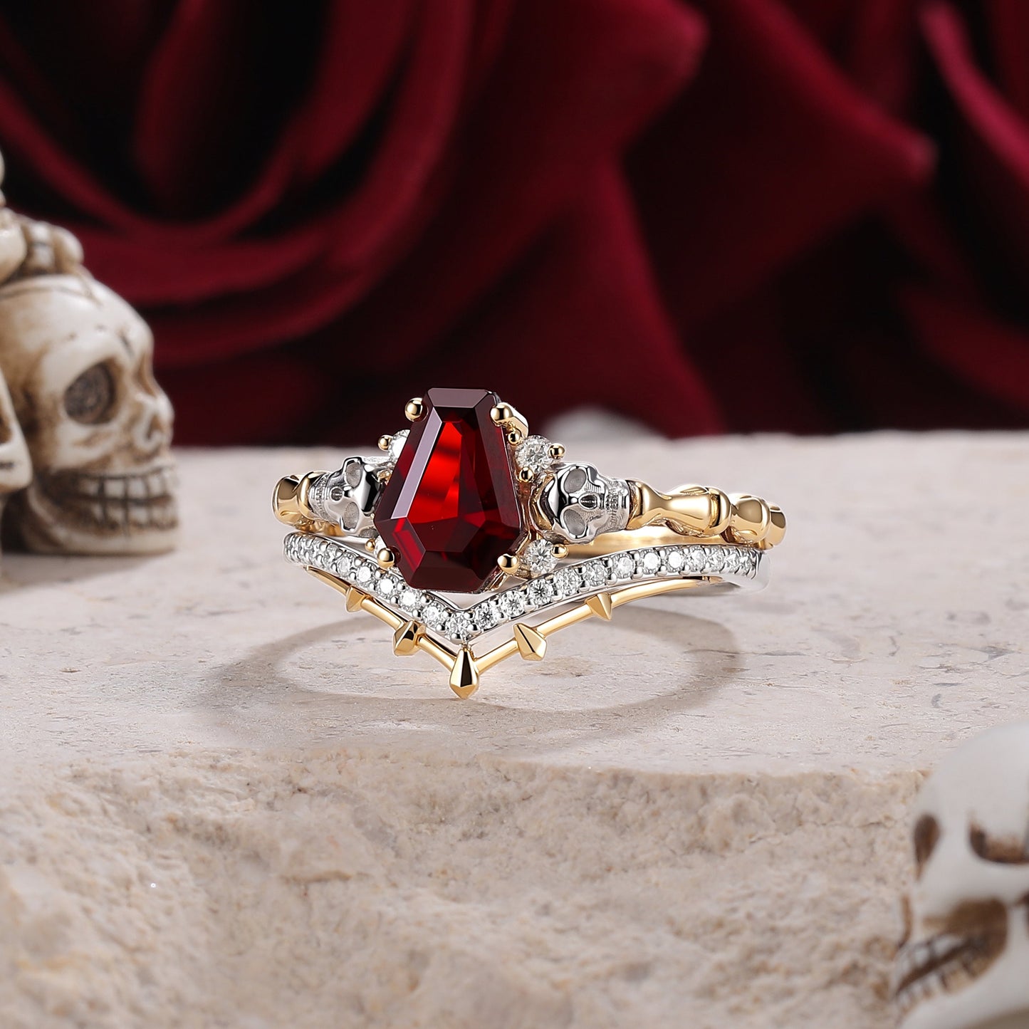 Skull & Skeleton Stud Coffin Cut Garnet Color-Coded Ring Set 2pcs
