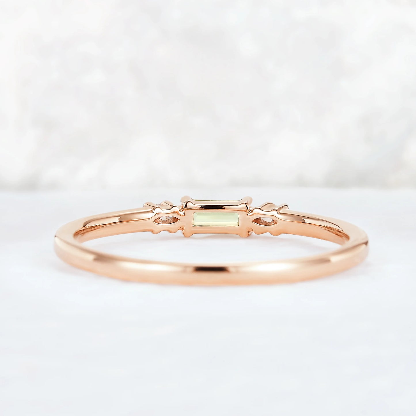 Straight Baguette Shaped Peridot Timeless Three Stones Stacking Ring