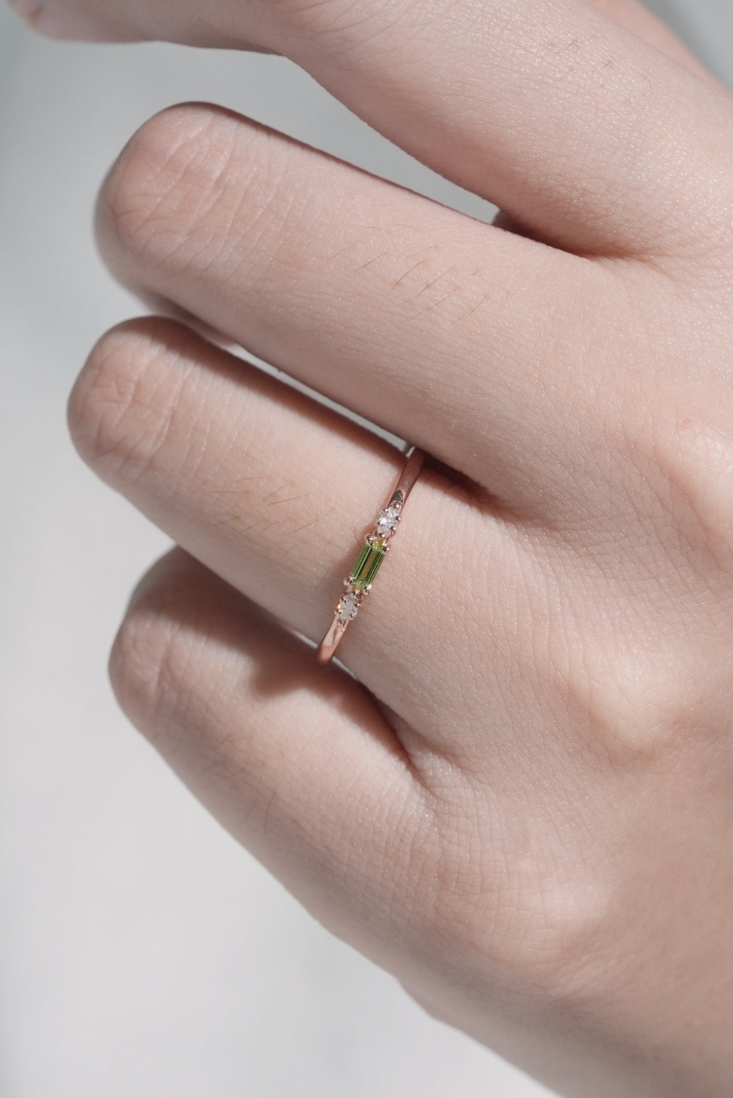 Straight Baguette Shaped Peridot Timeless Three Stones Stacking Ring