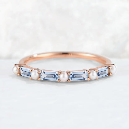 Straight Emerald Cut Aquamarine and Pearl Half Enternity Wedding Band