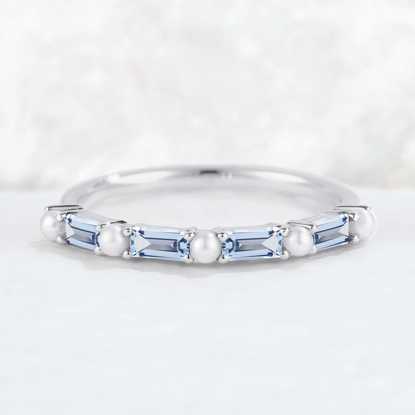Straight Emerald Cut Aquamarine and Pearl Half Enternity Wedding Band