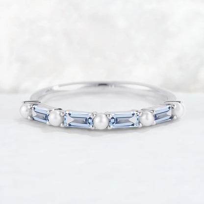 Straight Emerald Cut Aquamarine and Pearl Half Enternity Wedding Band