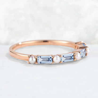 Straight Emerald Cut Aquamarine and Pearl Half Enternity Wedding Band
