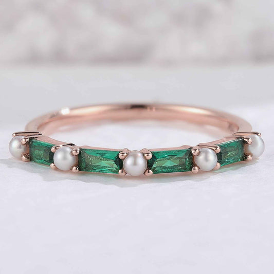 Straight Emerald Cut Emerald Pearl Silver Stacking Ring