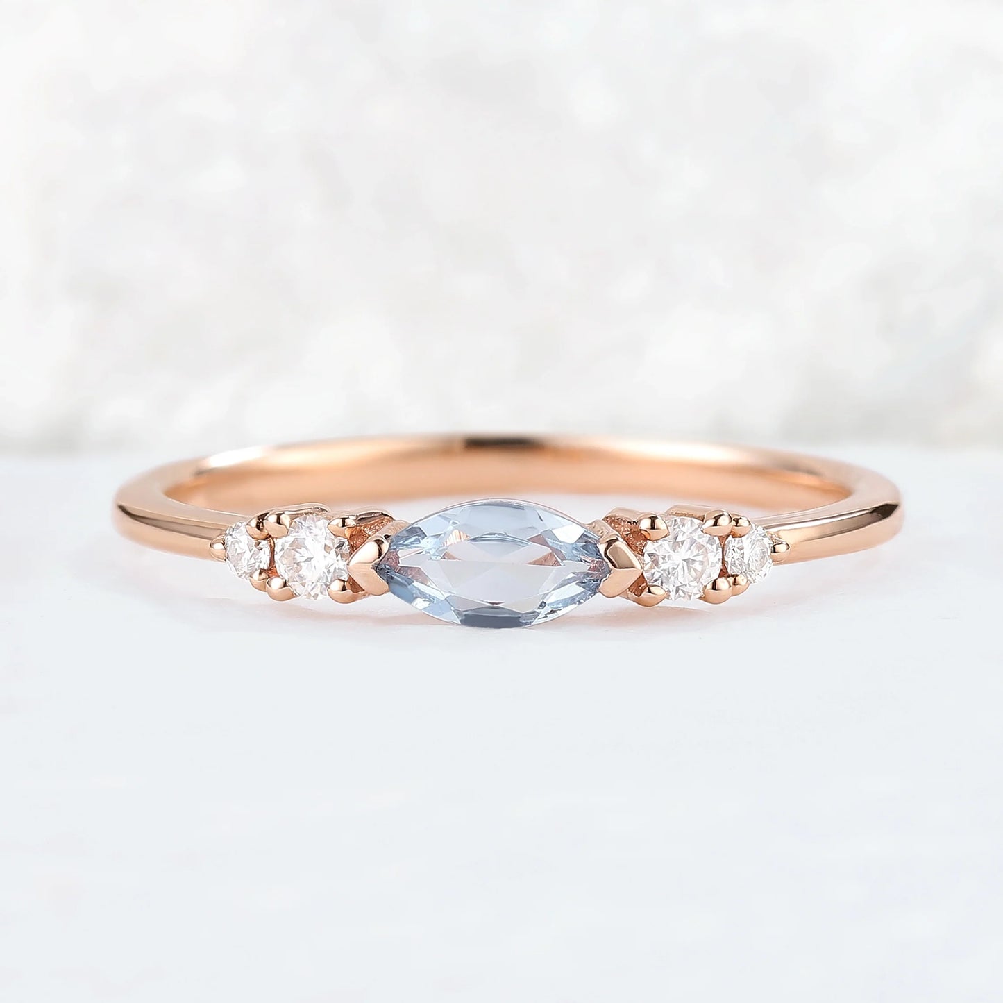 Straight Marquise Cut Aquamarine Three Stones Stacking Ring