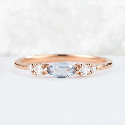 Straight Marquise Cut Aquamarine Three Stones Stacking Ring