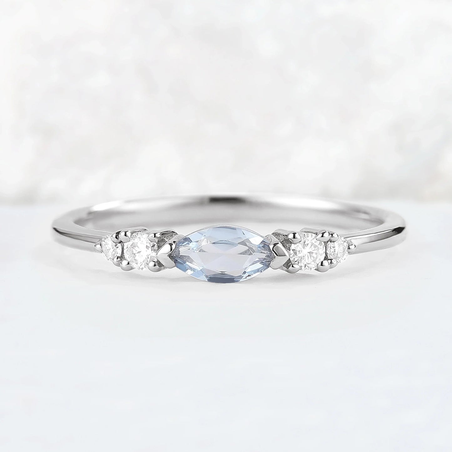 Straight Marquise Cut Aquamarine Three Stones Stacking Ring