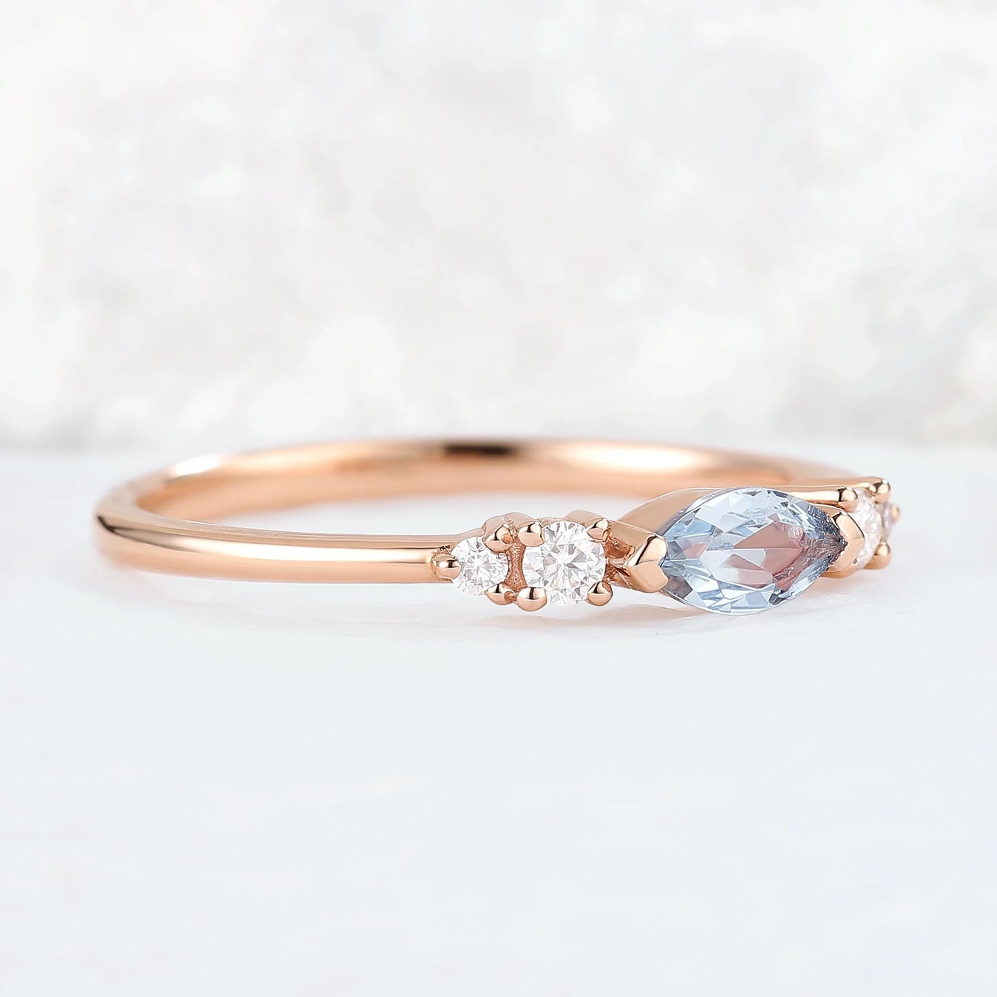 Straight Marquise Cut Aquamarine Three Stones Stacking Ring