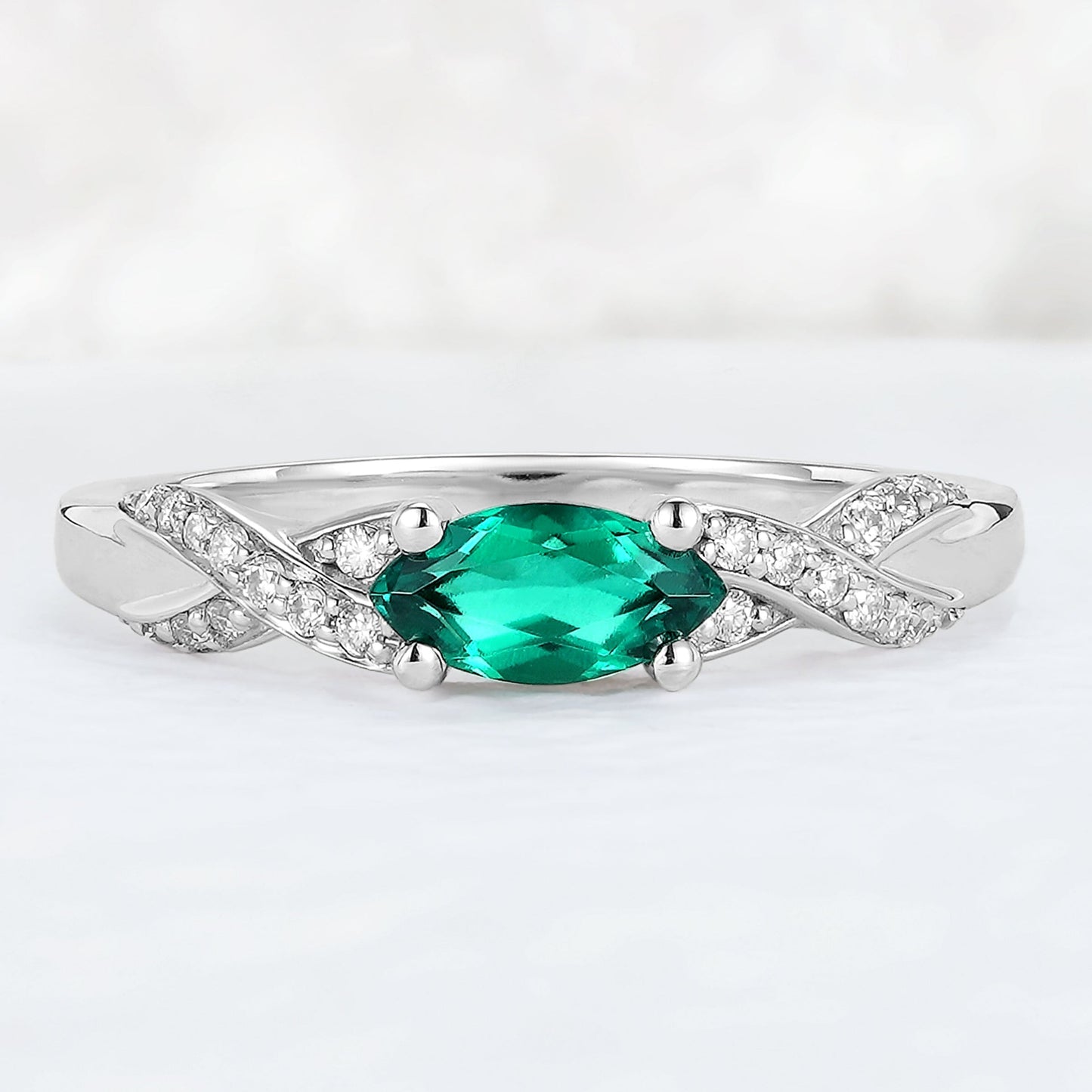 Straight Marquise Cut Emerald and Moissanite Mobius Gemstone Ring