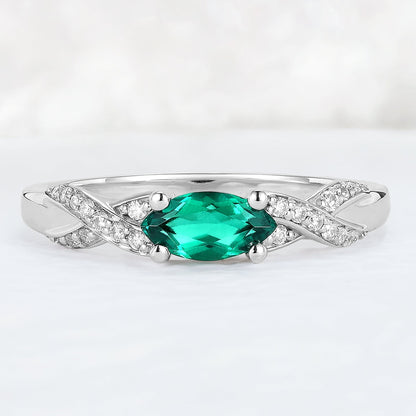Straight Marquise Cut Emerald and Moissanite Mobius Gemstone Ring