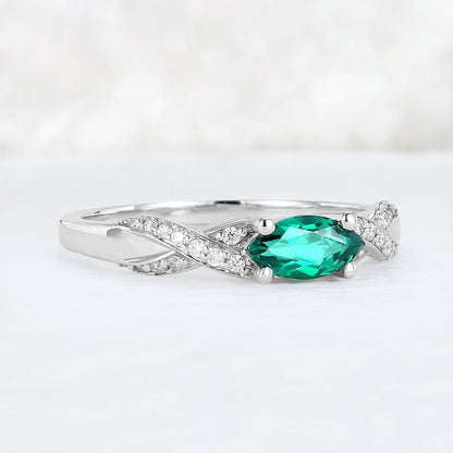 Straight Marquise Cut Emerald and Moissanite Mobius Gemstone Ring