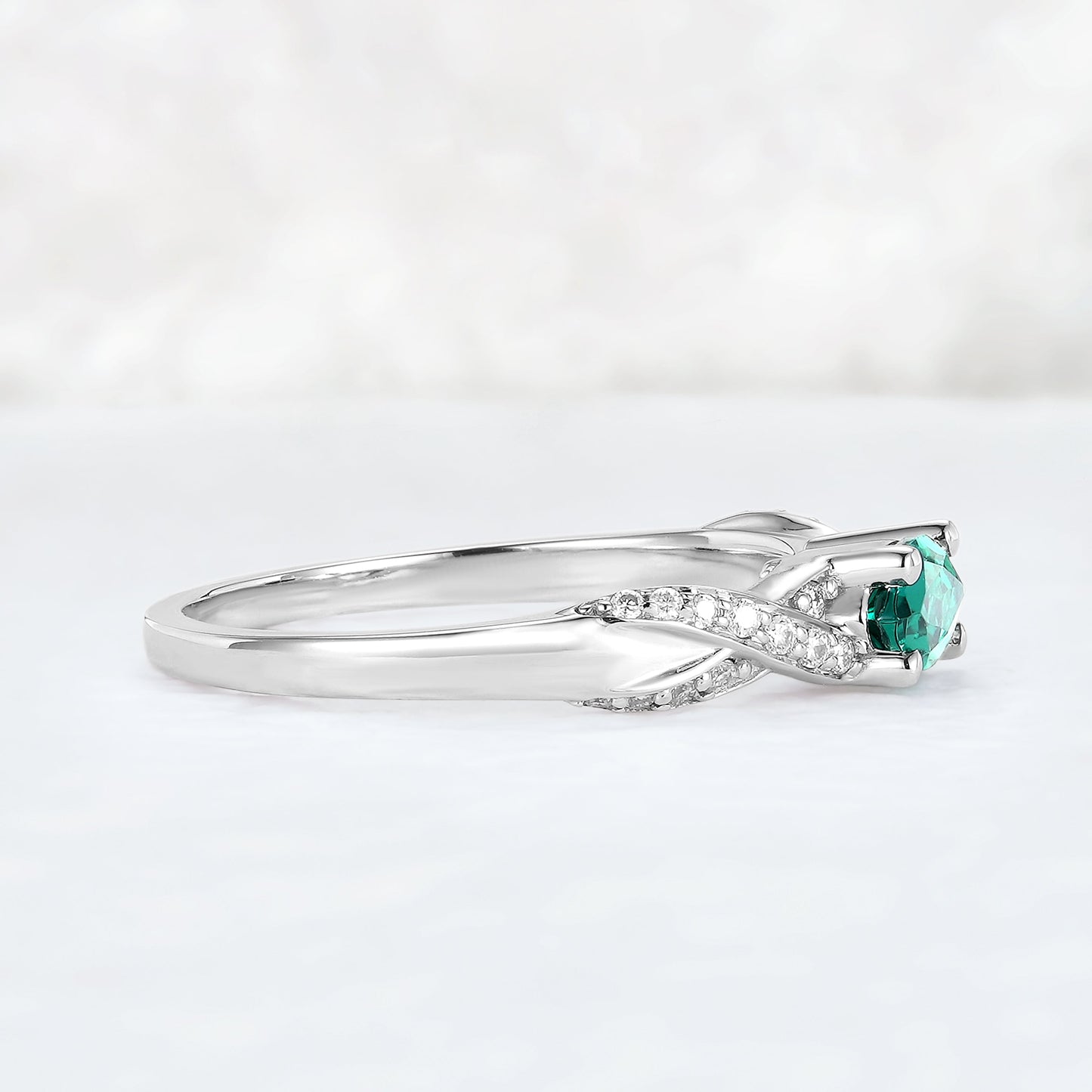 Straight Marquise Cut Emerald and Moissanite Mobius Gemstone Ring