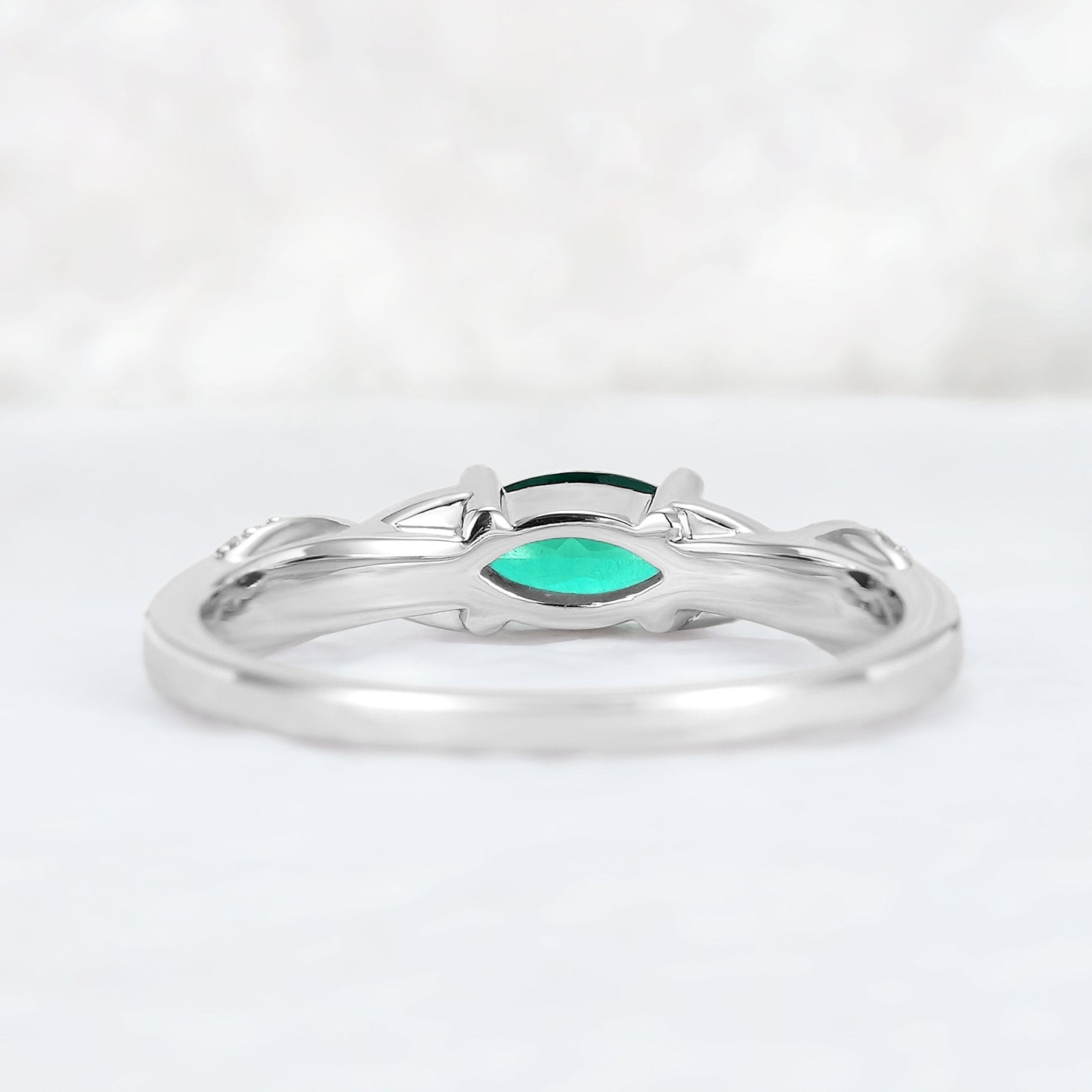 Straight Marquise Cut Emerald and Moissanite Mobius Gemstone Ring