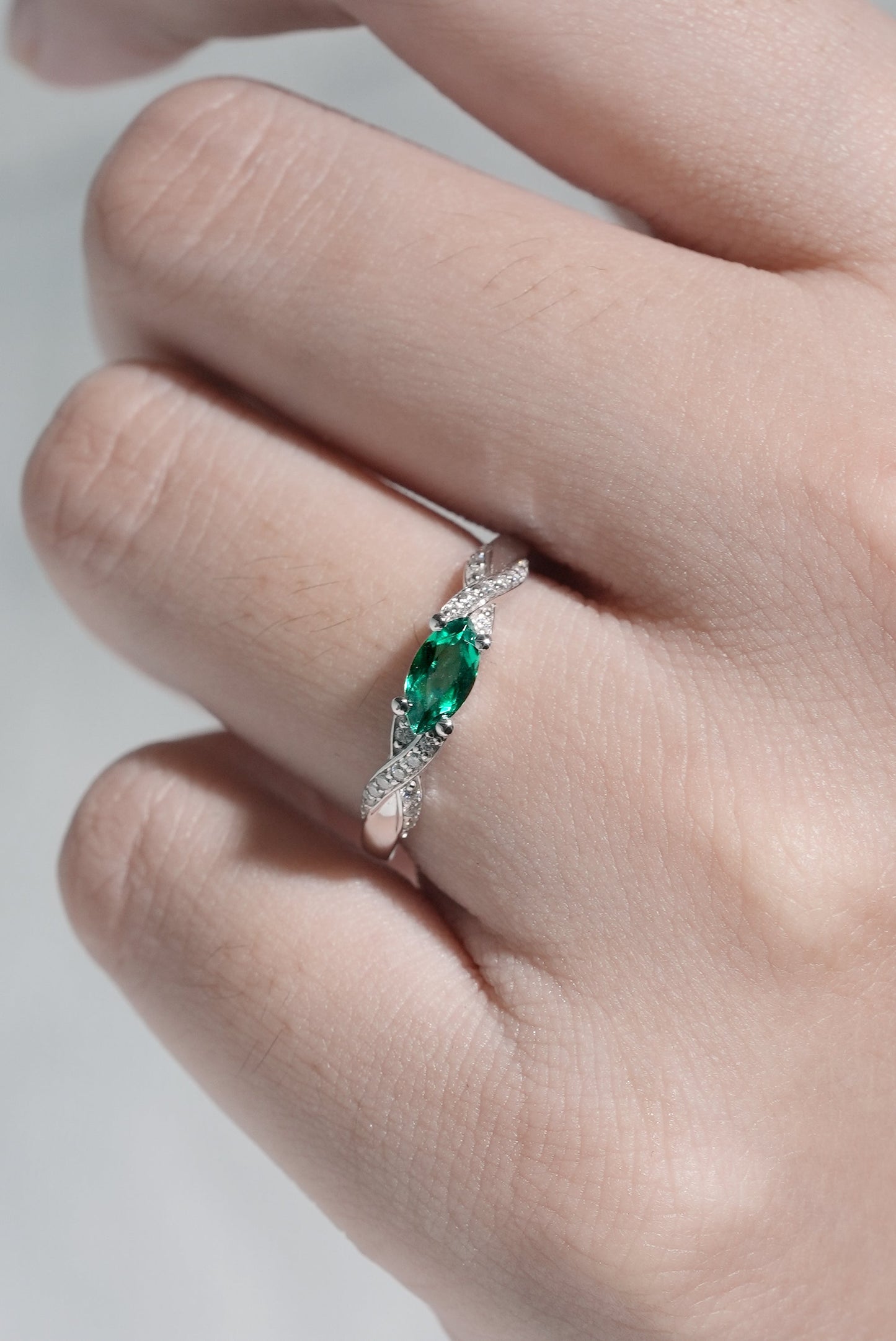 Straight Marquise Cut Emerald and Moissanite Mobius Gemstone Ring