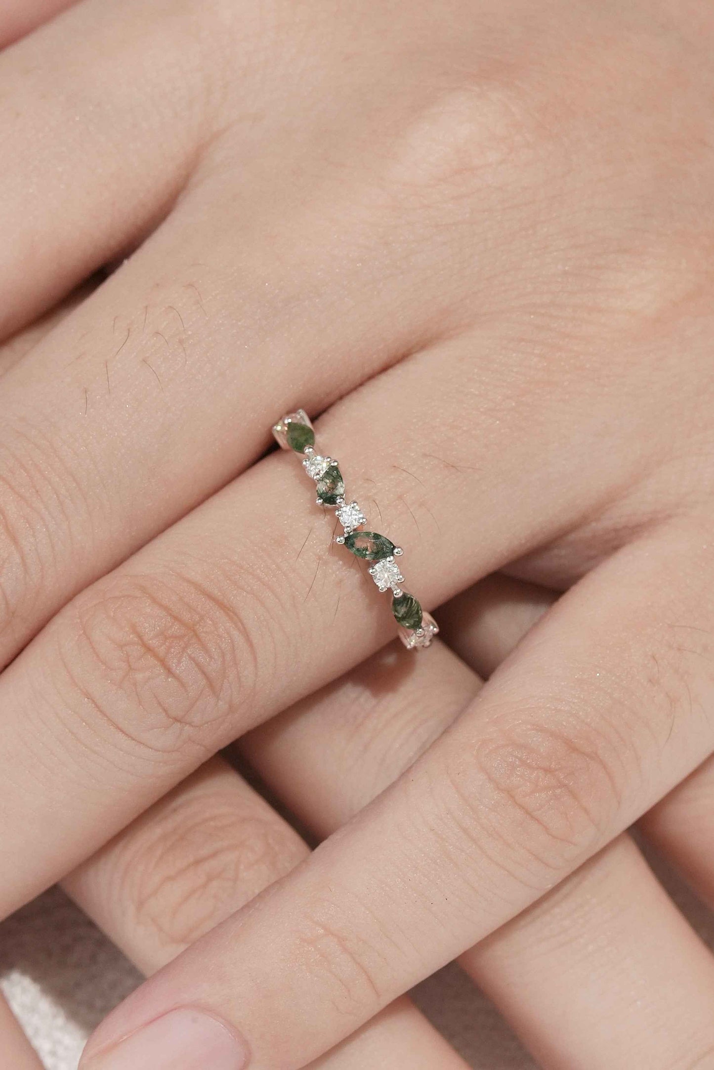 Straight Marquise Moss Agate and Round Moissanite Half Silver Stacking Ring
