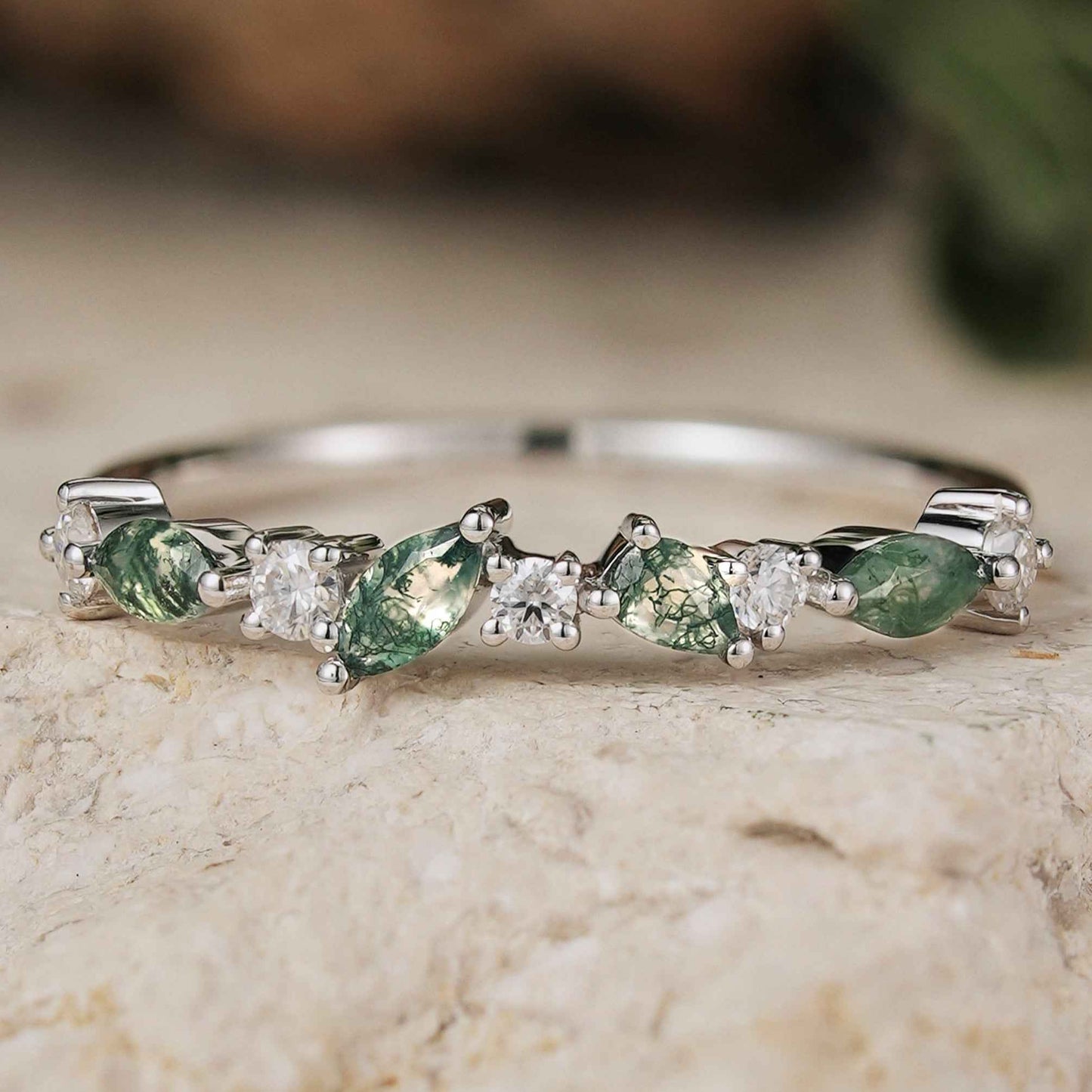 Straight Marquise Moss Agate and Round Moissanite Half Silver Stacking Ring