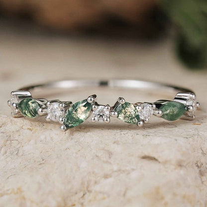 Straight Marquise Moss Agate and Round Moissanite Half Silver Stacking Ring