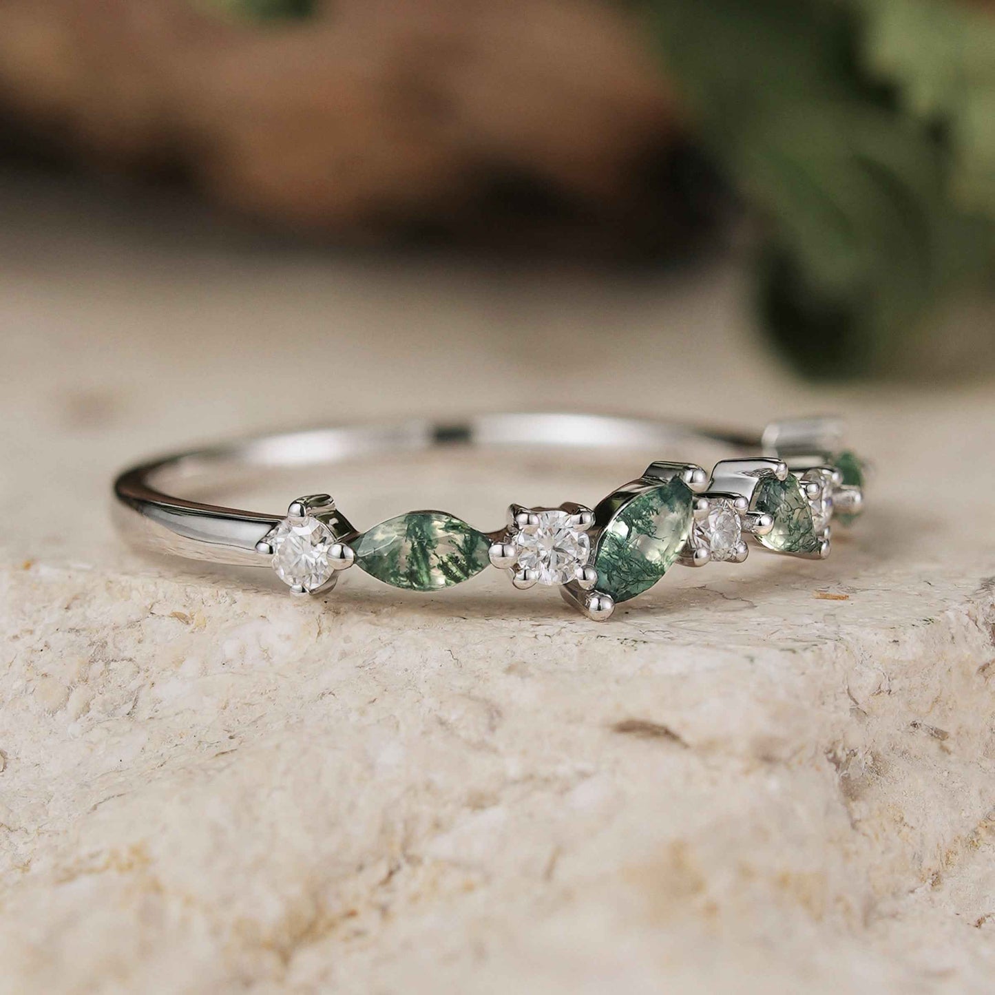 Straight Marquise Shaped Moss Agate Moissanite Half Enternity Stacking Ring