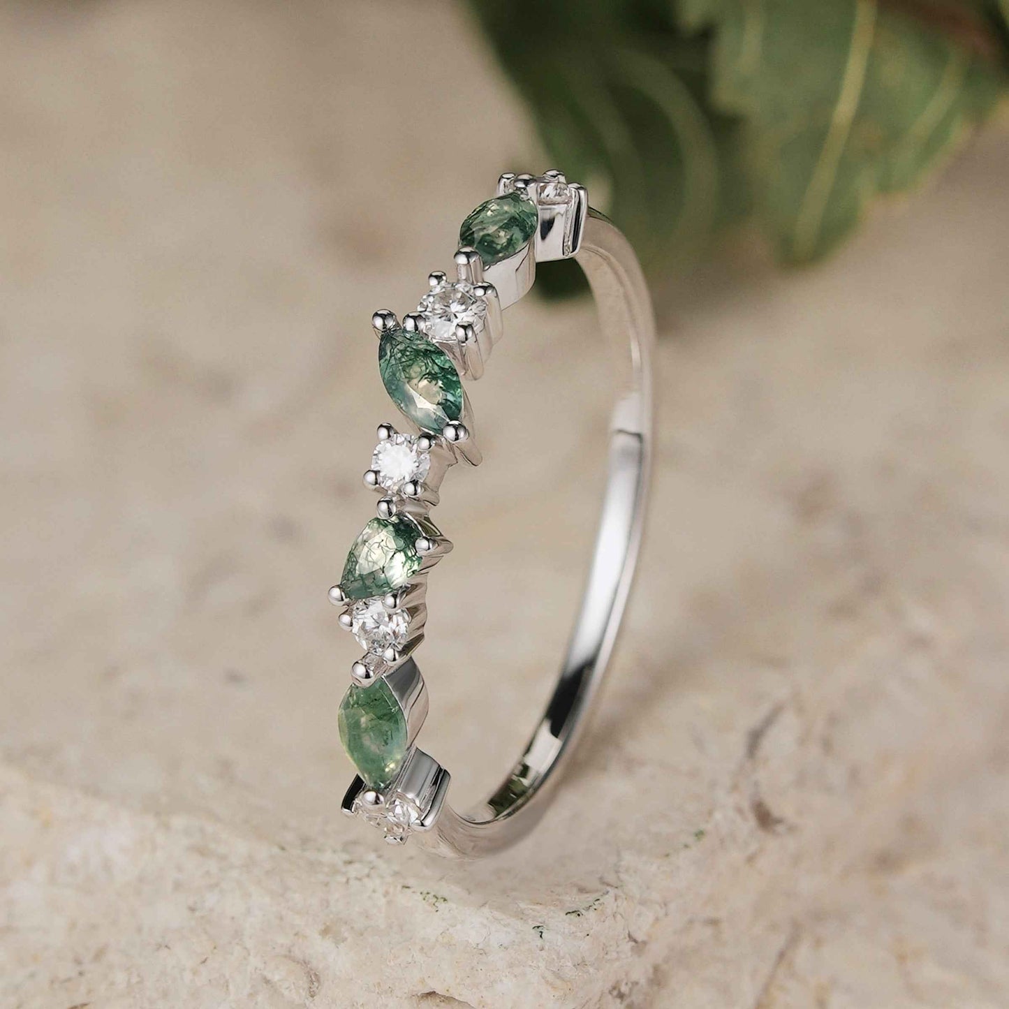 Straight Marquise Moss Agate and Round Moissanite Half Silver Stacking Ring