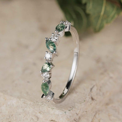 Straight Marquise Moss Agate and Round Moissanite Half Silver Stacking Ring
