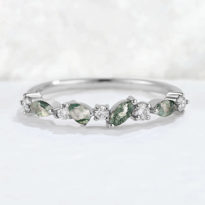 Straight Marquise Shaped Moss Agate Moissanite Half Enternity Stacking Ring