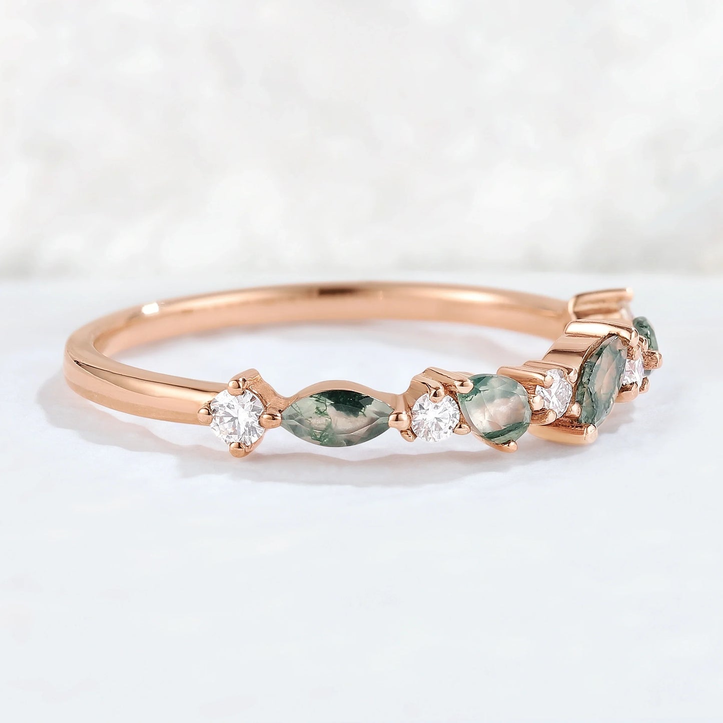 Straight Marquise Shaped Moss Agate Moissanite Half Enternity Stacking Ring