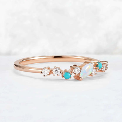 Straight Marquise Shaped Opal Half Enternity Stacking Ring