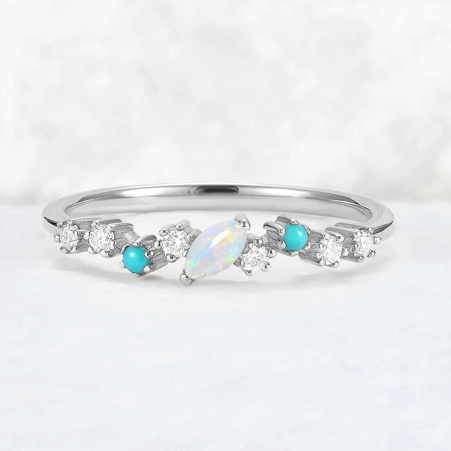 Straight Marquise Shaped Opal Half Enternity Stacking Ring