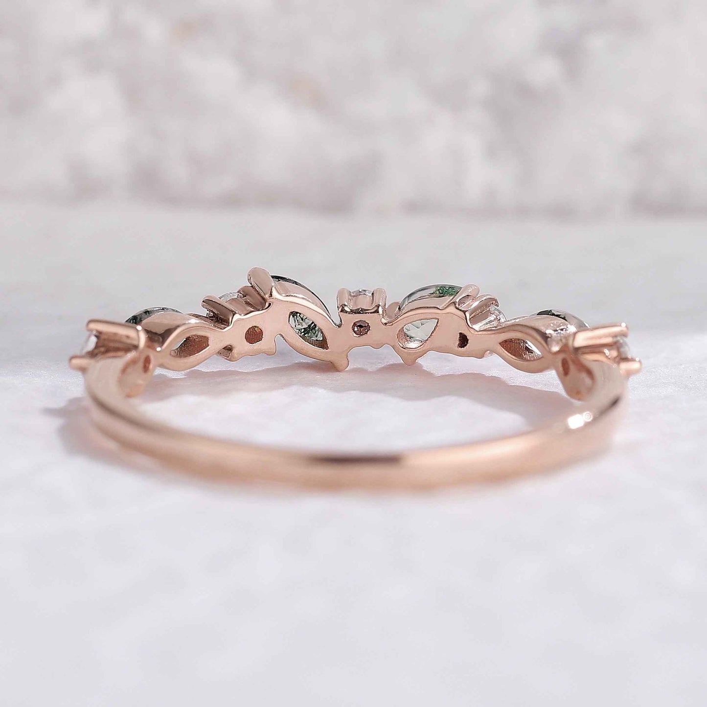 Straight Marquise Moss Agate and Round Moissanite Half Silver Stacking Ring