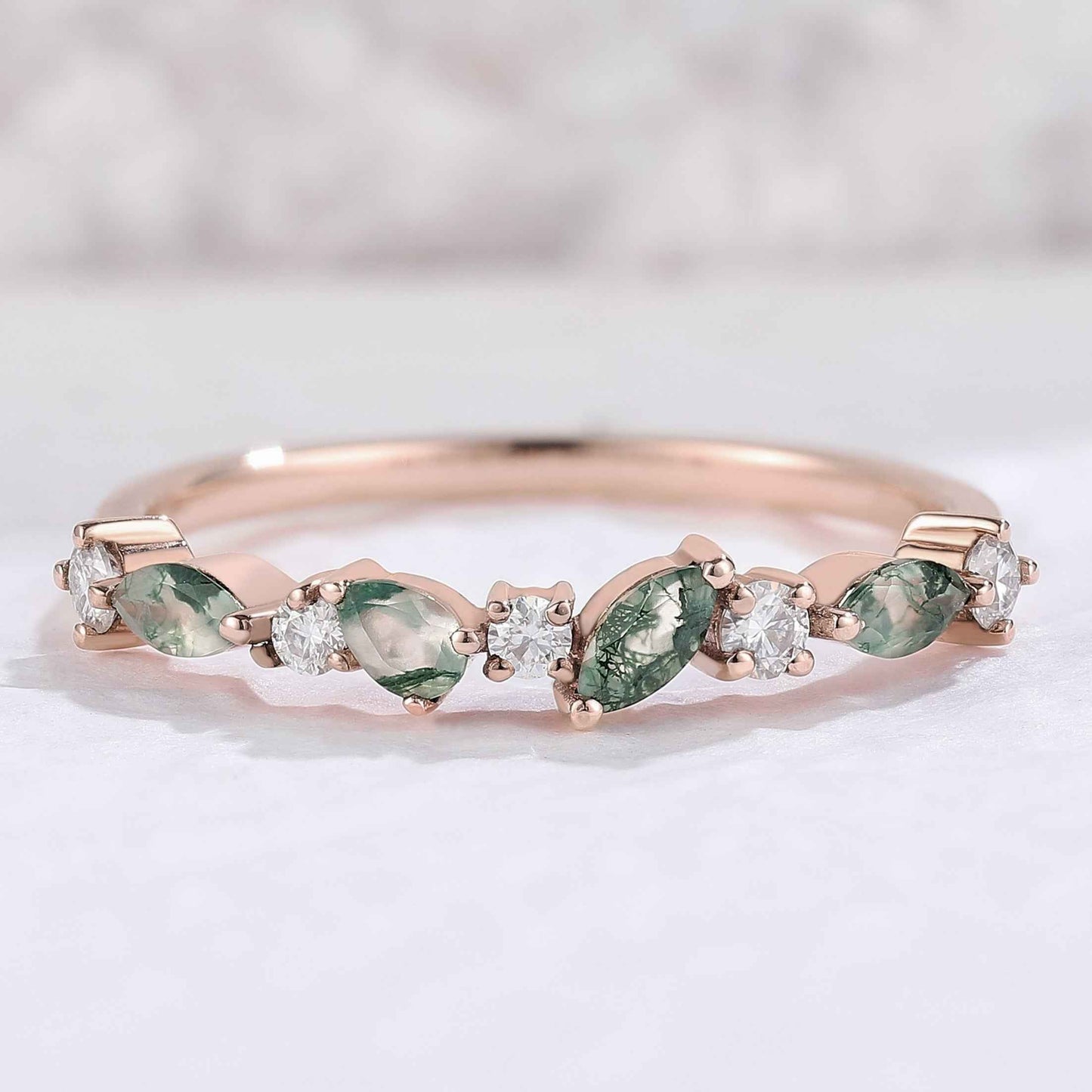 Straight Marquise Moss Agate and Round Moissanite Half Silver Stacking Ring