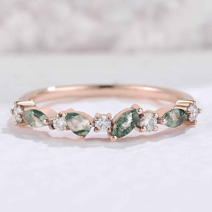 Straight Marquise Moss Agate and Round Moissanite Half Silver Stacking Ring