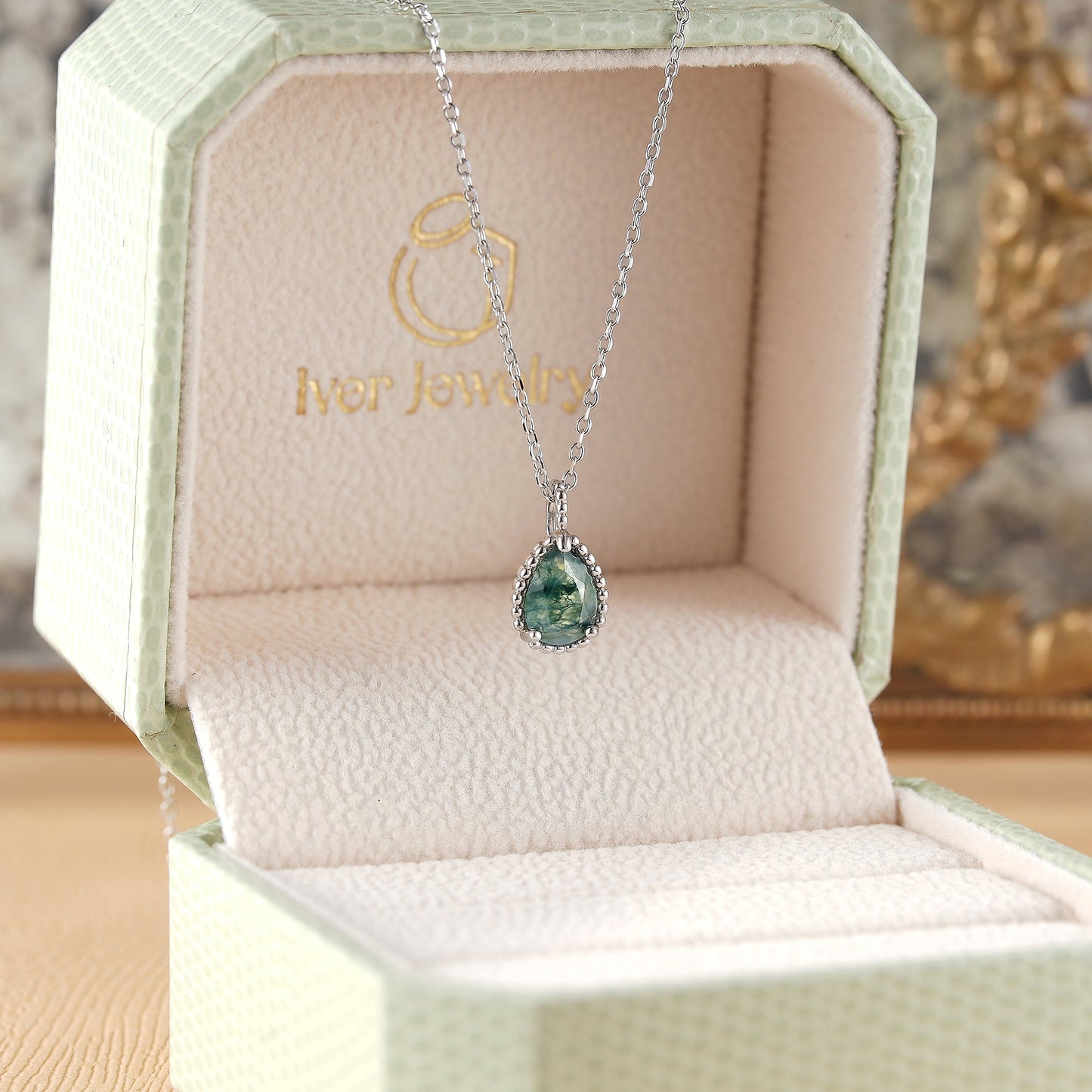 Timeless Pear Cut Moss Agate Pendant
