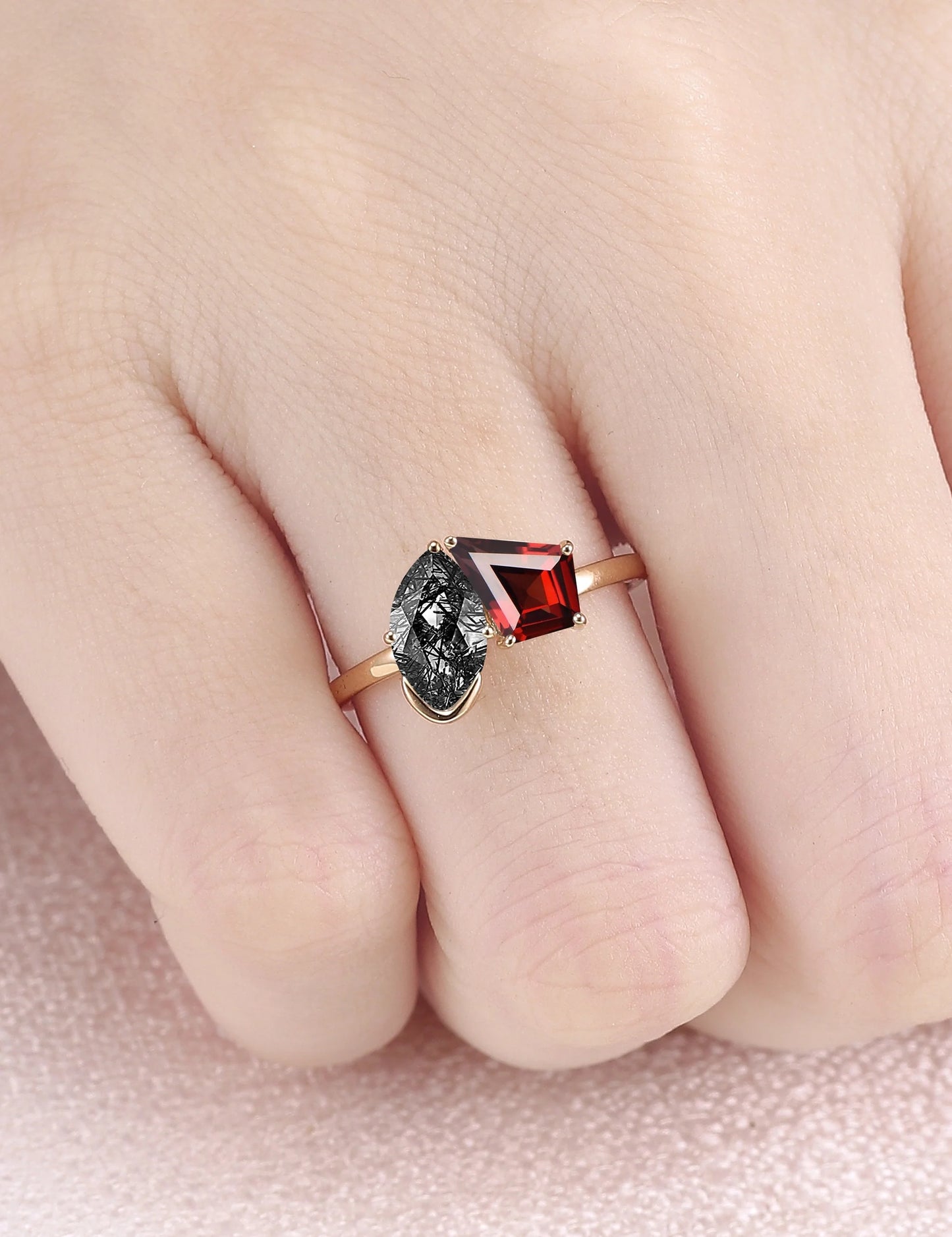 Toi Et Moi Two Stone Garnet & Black Rutilated Quartz Gemstone Rings