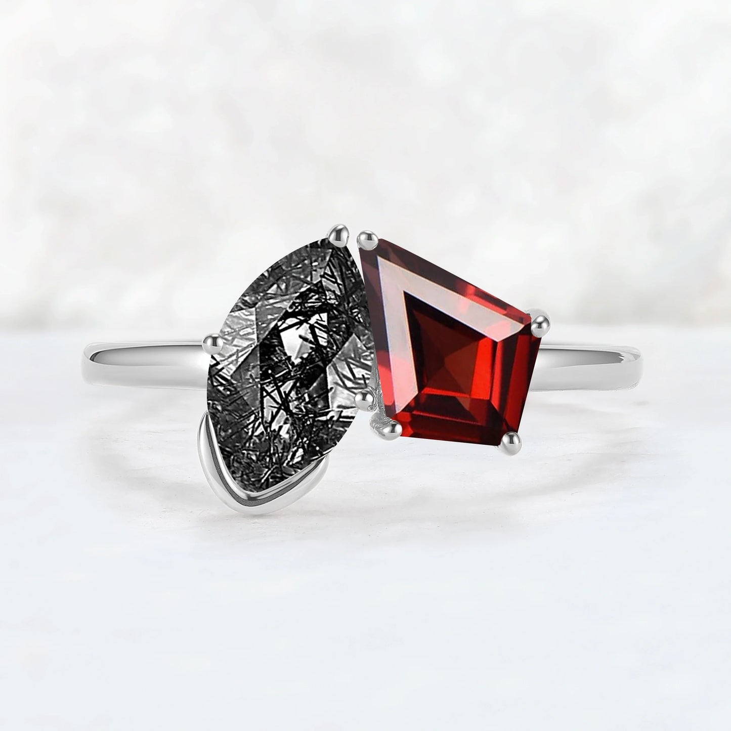 Toi Et Moi Two Stone Garnet & Black Rutilated Quartz Gemstone Rings