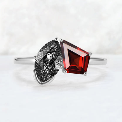 Toi Et Moi Two Stone Garnet & Black Rutilated Quartz Gemstone Rings