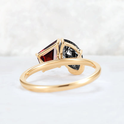 Toi Et Moi Two Stone Garnet & Black Rutilated Quartz Gemstone Rings