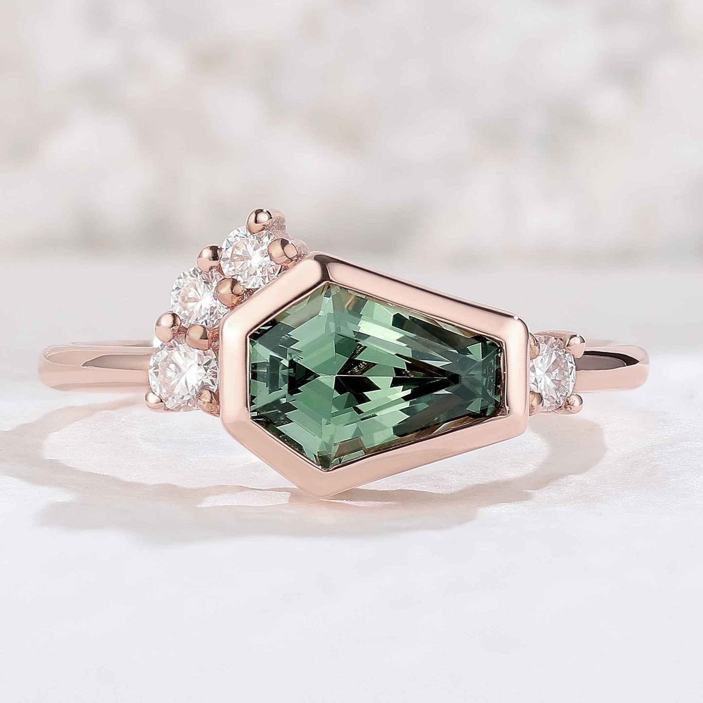 Unique Conffin Shaped Green Sapphire Cluster Gemstone Ring