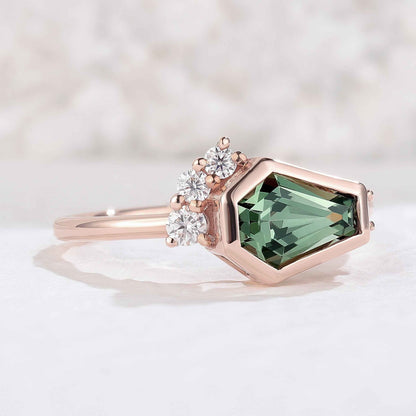 Unique Conffin Shaped Green Sapphire Cluster Gemstone Ring