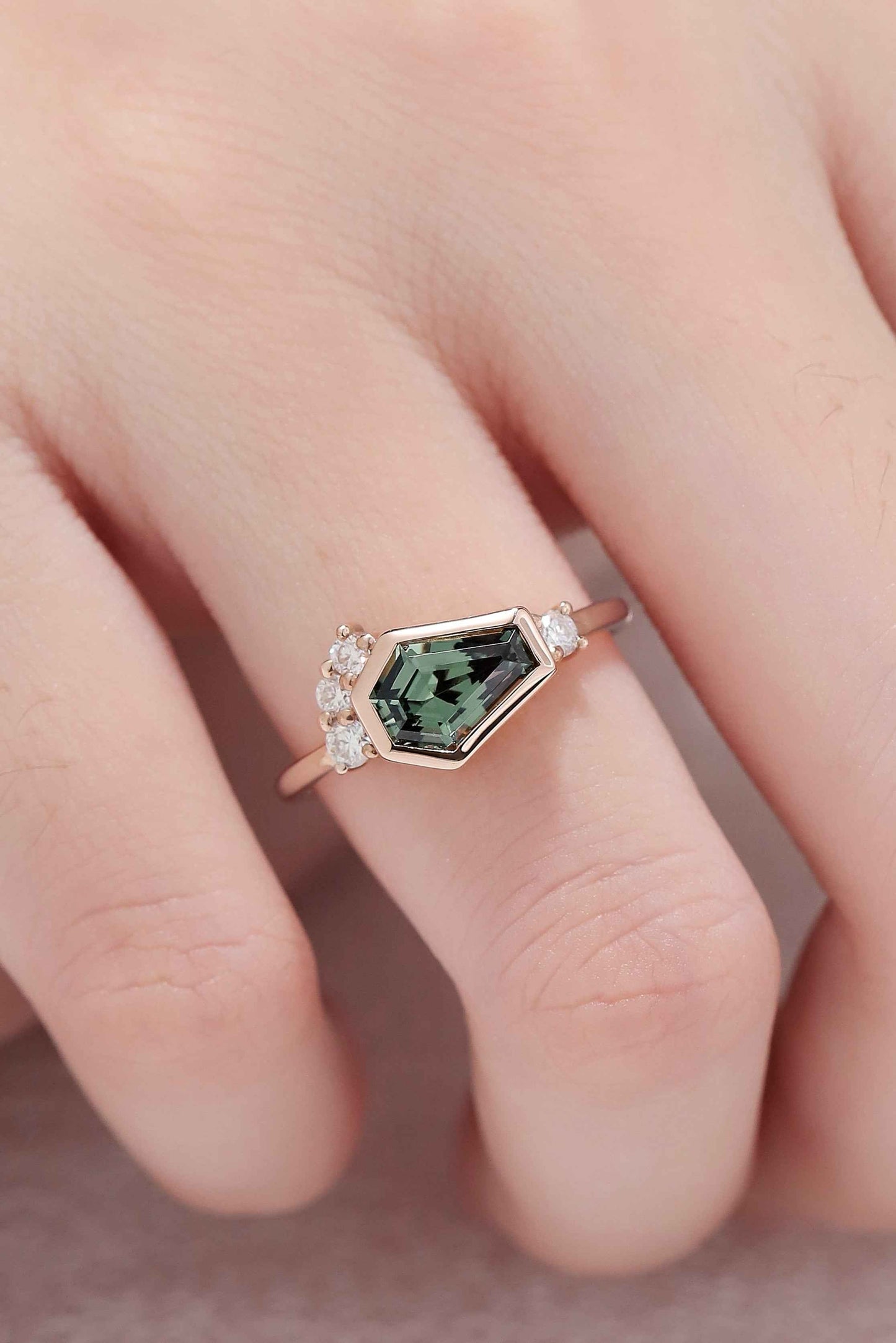 Unique Conffin Shaped Green Sapphire Cluster Gemstone Ring