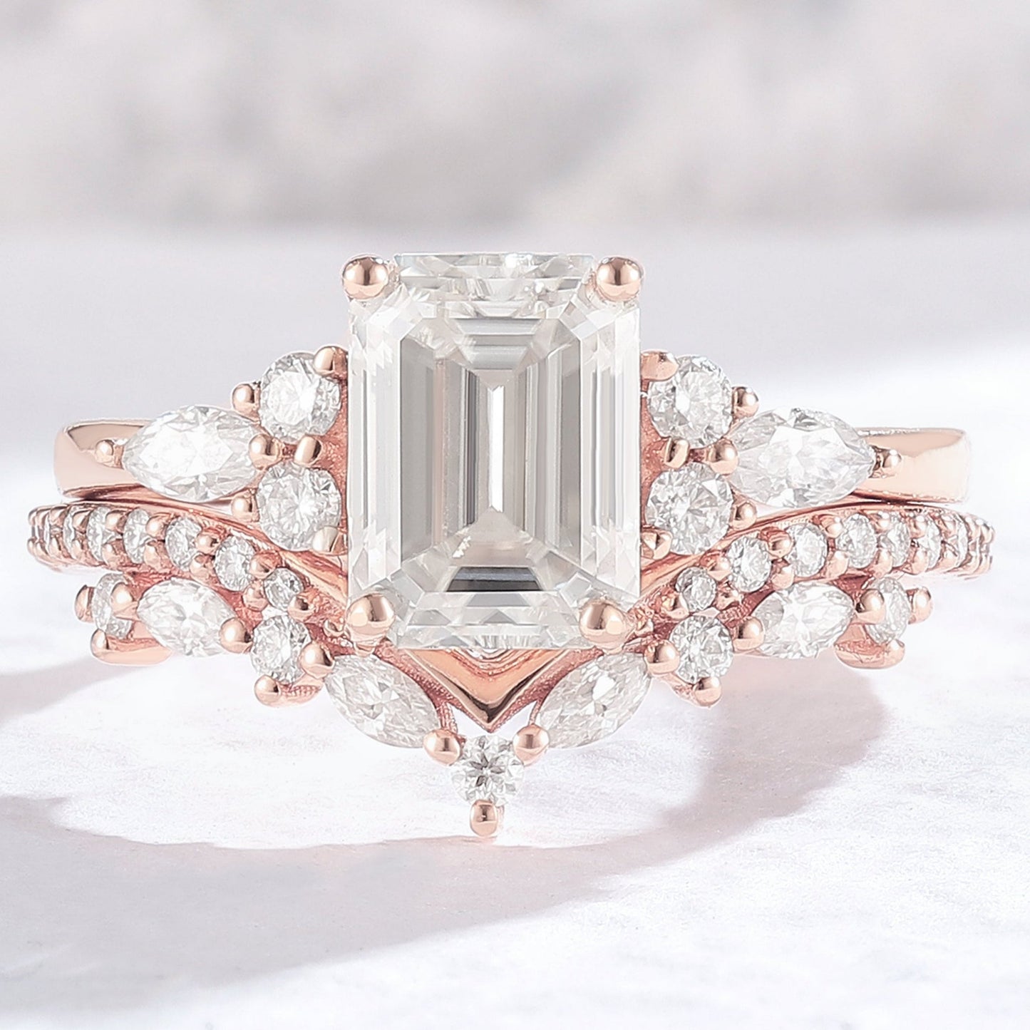 Unique Emerald Cut Moissanite Cluster Gemstone Ring Set 2Pcs