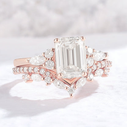 Unique Emerald Cut Moissanite Cluster Gemstone Ring Set 2Pcs