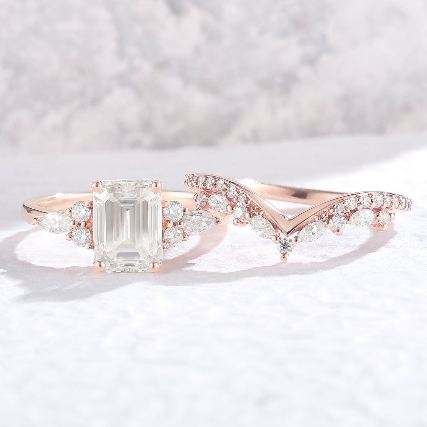 Unique Emerald Cut Moissanite Cluster Gemstone Ring Set 2Pcs