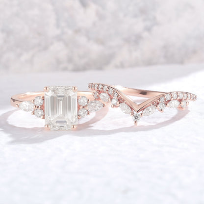 Unique Emerald Cut Moissanite Cluster Gemstone Ring Set 2Pcs