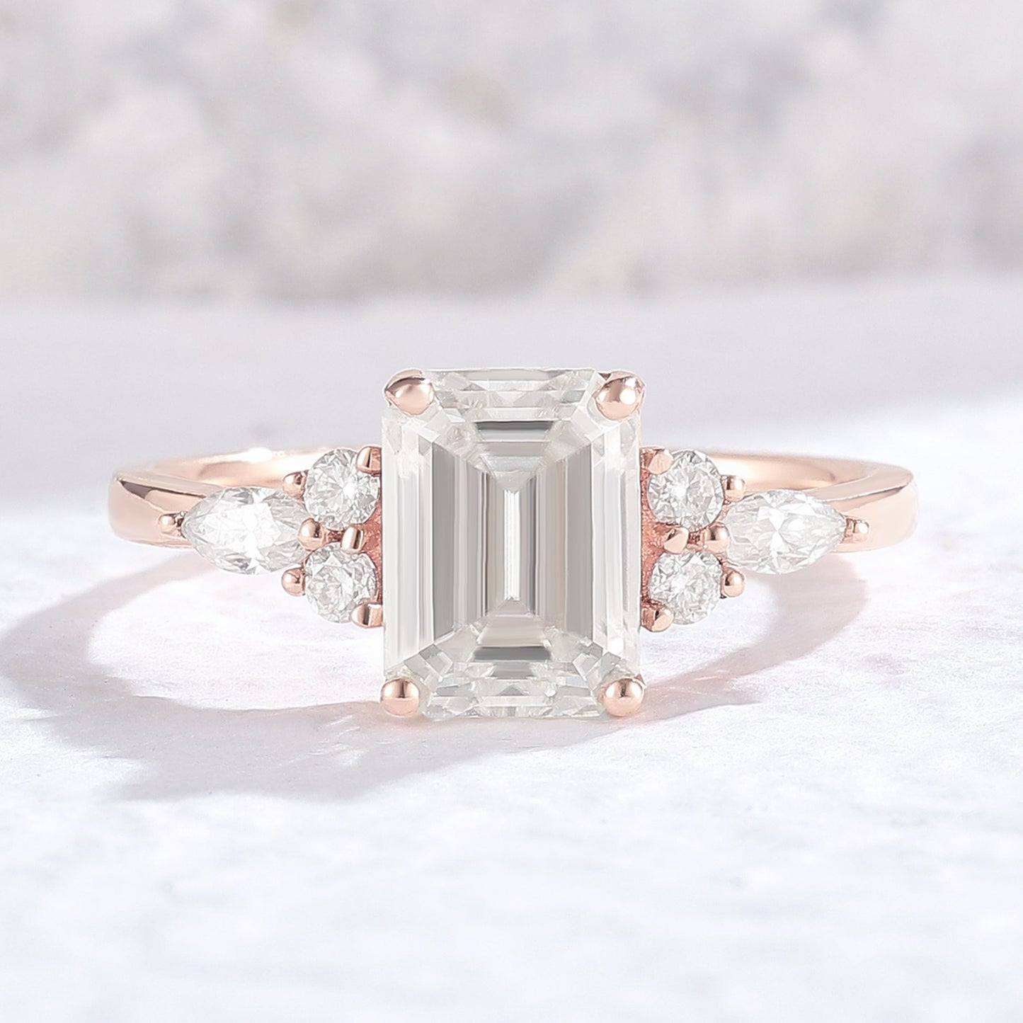 Unique Emerald Cut Moissanite Cluster Gemstone Ring Set 2Pcs