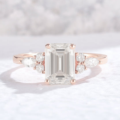 Unique Emerald Cut Moissanite Cluster Gemstone Ring Set 2Pcs